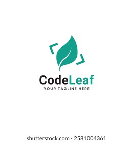 Code leaf logo design. Programming code logo template. Eco tech logo template design vector. Coding school vector design. Computer science logotype. logo design combination of code and leaves.