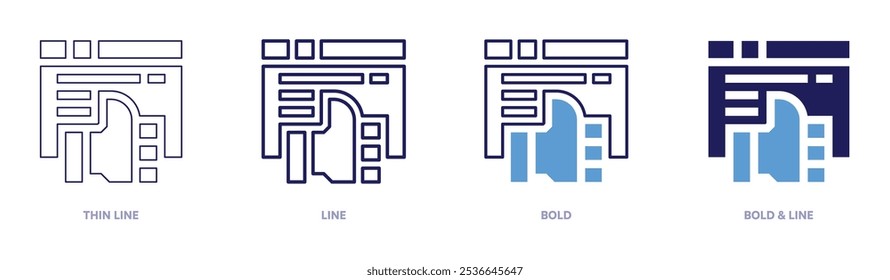 Código como ícone em 4 estilos diferentes. Linha fina, Linha, Negrito e Linha Negrito. Estilo duotônico. Traçado editável.