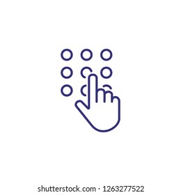 Code lock line icon. Hand touching keypad on white background. Security concept. Vector illustration can be used for topics like app, mobile, banking, program