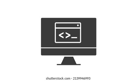 Code on a Screen Icon. Vector isolated black and white illustration