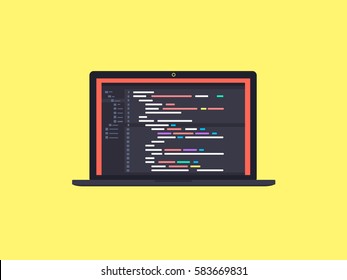 Code on the screen laptop. Flat vector illustration