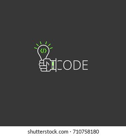 Code outline logo icon. Hand holding idea bulb symbol. Vector Logotype applicable for web design, application, IT, programming, coding classes