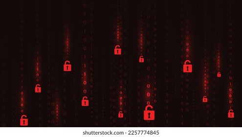 Code and Padlock red open on dark red background.Cyber attack and Information leak concept.Vector illustration.	 