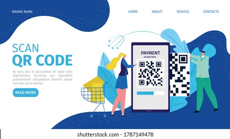 Code at phone for app payment, digital mobile id pay vector illustration. Qr scanner technology at flat online device. Tech scanning at smartphone landing banner, people character at background.