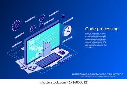 Code processing, program coding, algorithm optimization flat isometric vector concept illustration