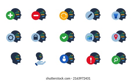 Code programming inside head symbol of AI artificial inteligence machine learning software icon set collection blue vector isolated