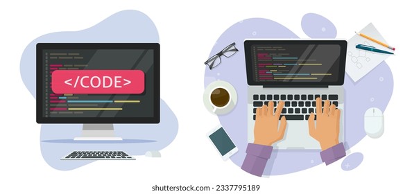 Code programming on computer laptop screen vector icon flat graphic illustration, developer person man typing program software script on table working desk, cartoon coder programmer image clipart