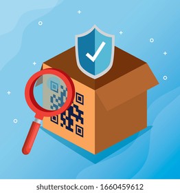 code qr in box with magnifying glass and shield vector illustration design