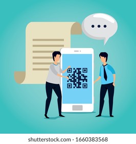 código qr en smartphone con empresarios e iconos diseño de ilustración vectorial
