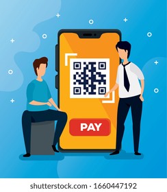 code qr in smartphone with businessmen and icons vector illustration design