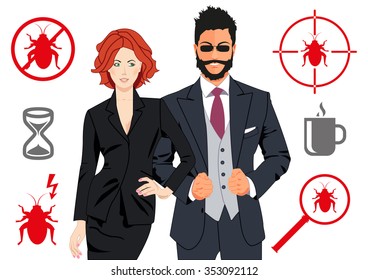 Code quality assurance team design concepts. Confident nice looking man and woman as quality assurance team that will be able to spot and eliminate any bug. Can be used in print and web design.