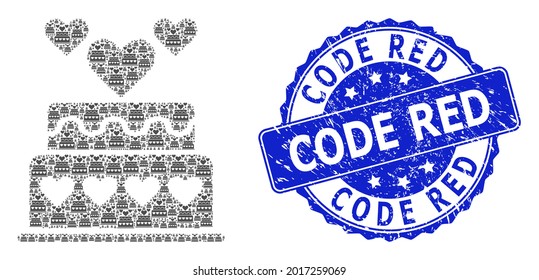Code Red textured round seal and vector fractal collage marriage cake. Blue stamp seal includes Code Red caption inside round shape. Vector collage is done of random marriage cake items.
