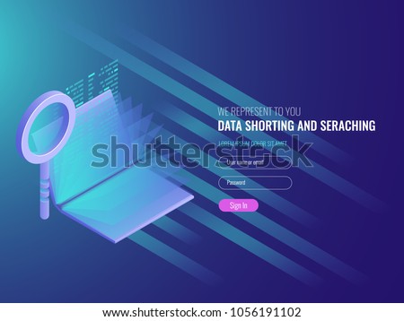 Code repository concept, electronic catalog, data researching, seo optimization, serach engine, magnifying glass with open book IT isometric 3d vector