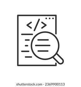 Code review analysis, linear icon. Document with programming code. Line with editable stroke