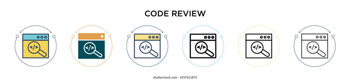 Code review icon in filled, thin line, outline and stroke style. Vector illustration of two colored and black code review vector icons designs can be used for mobile, ui, web