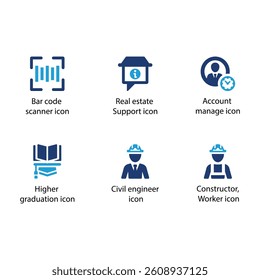 Code scanner, estate Support, Account manage, Higher graduation, engineer, Worker, Blue Icon Set