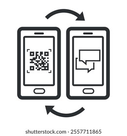 Code scanning smartphone chat app contact exchange line art icon vector illustration. QR coding mobile phone chatting application barcode technology for internet communication information