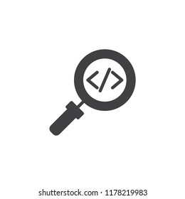Code search vector icon. filled flat sign for mobile concept and web design. magnifying glass code simple solid icon. Symbol, logo illustration. Pixel perfect vector graphics