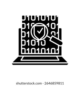code security analysis black flat icon for digital and print projects.  Minimal clean icons for apps and websites. Modern simple icons for UI UX and branding