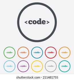 Code sign icon. Programming language symbol. Round circle buttons with frame. Vector