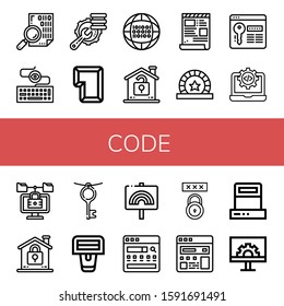 code simple icons set. Contains such icons as Coding, Keylogger, Optimization, Key, Binary code, Unlock, Script, Token, Password, Code, Lock, can be used for web, mobile and logo