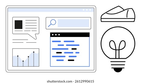 Code snippets, search bar, graph, cloud platform, sneaker, and lightbulb evoke themes of technology, data analysis, creativity, and innovation. Ideal for web development, data science, creative