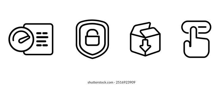 code speed performance security penetration test unit package and usability interaction review software testing icon set outline line black in white