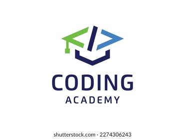 Símbolo de código con límite de graduación para el diseño del logotipo de la academia de educación de codificación