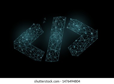 Code symbol in polygonal wireframe style. Concept of software development, code review. Futuristic vector illustration isolated on black background.