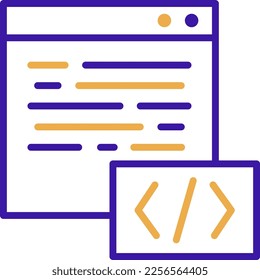 Code technology icon with purple and orange duotone style. Computing, diagram, download, file, folder, graph, laptop . Vector illustration