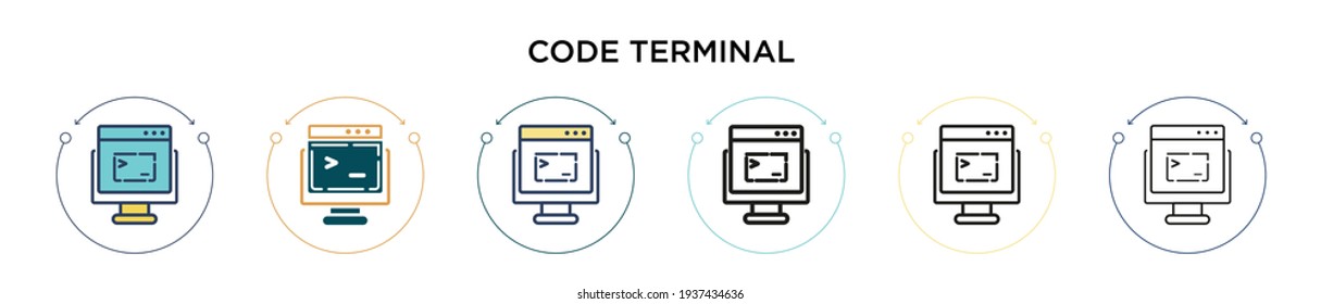 Code terminal icon in filled, thin line, outline and stroke style. Vector illustration of two colored and black code terminal vector icons designs can be used for mobile, ui, web