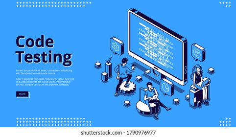 Code testing banner. Concept of search errors and bugs in software, quality control of website or app. Vector landing page of programming test with isometric computer screen and working people