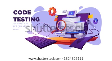 Code testing cartoon banner. Functional test, methodology of programming, search errors and bugs, website platform development, dashboard usability optimization for computer pc vector illustration