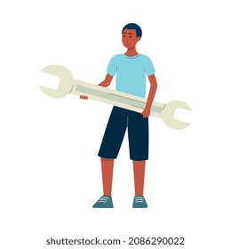 Code testing digital technology metaphor. Man with wrench looks, corrects for bugs errors in web programming, applications. Flat vector illustration isolated on white background.