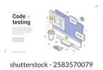 Code testing modern isometric line art web banner template. Computer displaying code with CSS and HTML icons. Perfect for coding themes