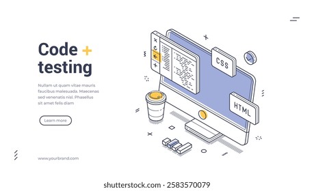 Code testing modern isometric line art web banner template. Computer displaying code with CSS and HTML icons. Perfect for coding themes