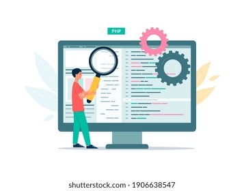 Code testing technology, web programming, application development and debugging. The programmer looks for bugs and errors and does data analysis. Vector flat illustration.