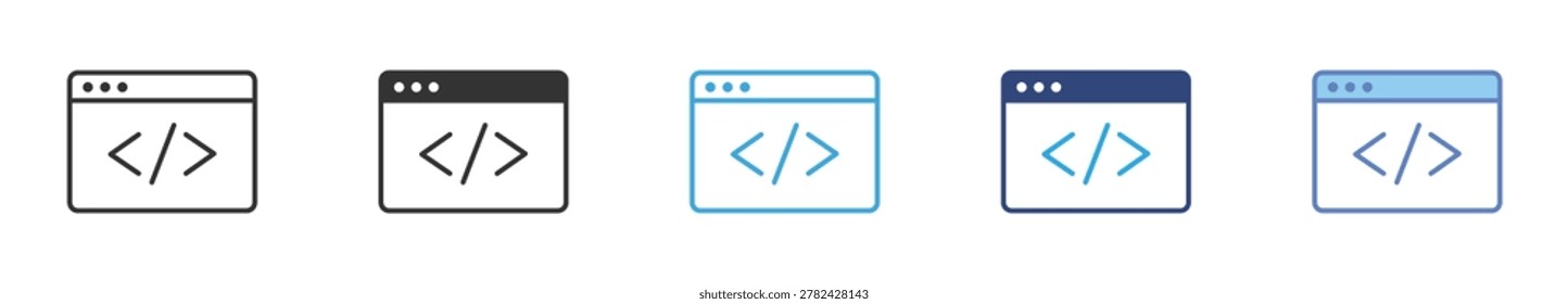 Code Window Icon Set , programming interface symbols, web development screens, coding browser icons, and software technology vector icons.