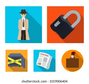 Coded lock, the appearance of the detective, a newspaper with criminal news, a hacked safe. Crime and detective set collection icons in flat style vector symbol stock illustration web.