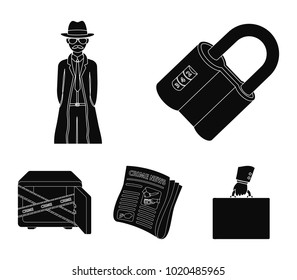 Coded lock, the appearance of the detective, a newspaper with criminal news, a hacked safe. Crime and detective set collection icons in black style vector symbol stock illustration web.