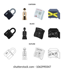 Coded lock, the appearance of the detective, a newspaper with criminal news, a hacked safe. Crime and detective set collection icons in cartoon,black,outline style vector symbol stock illustration web