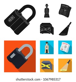 Coded lock, the appearance of the detective, a newspaper with criminal news, a hacked safe. Crime and detective set collection icons in black, flat style vector symbol stock illustration web.