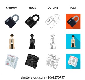 Coded lock, the appearance of the detective, a newspaper with criminal news, a hacked safe. Crime and detective set collection icons in cartoon,black,outline,flat style vector symbol stock