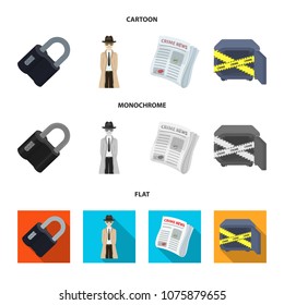 Coded lock, the appearance of the detective, a newspaper with criminal news, a hacked safe. Crime and detective set collection icons in cartoon,flat,monochrome style vector symbol stock illustration