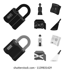 Coded lock, the appearance of the detective, a newspaper with criminal news, a hacked safe. Crime and detective set collection icons in black,monochrom style vector symbol stock illustration web.