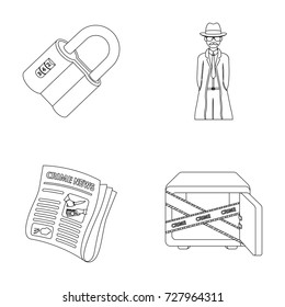 Coded lock, the appearance of the detective, a newspaper with criminal news, a hacked safe. Crime and detective set collection icons in outline style vector symbol stock illustration web.