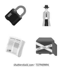 Coded lock, the appearance of the detective, a newspaper with criminal news, a hacked safe. Crime and detective set collection icons in monochrome style vector symbol stock illustration web.