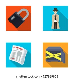 Coded lock, the appearance of the detective, a newspaper with criminal news, a hacked safe. Crime and detective set collection icons in flat style vector symbol stock illustration web.