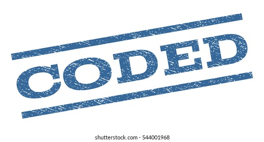 Coded watermark stamp. Text tag between parallel lines with grunge design style. Rubber seal stamp with scratched texture. Vector cobalt blue color ink imprint on a white background.