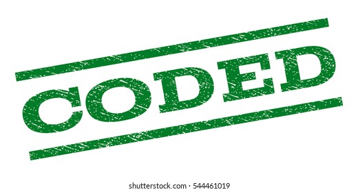 Coded watermark stamp. Text tag between parallel lines with grunge design style. Rubber seal stamp with dirty texture. Vector green color ink imprint on a white background.
